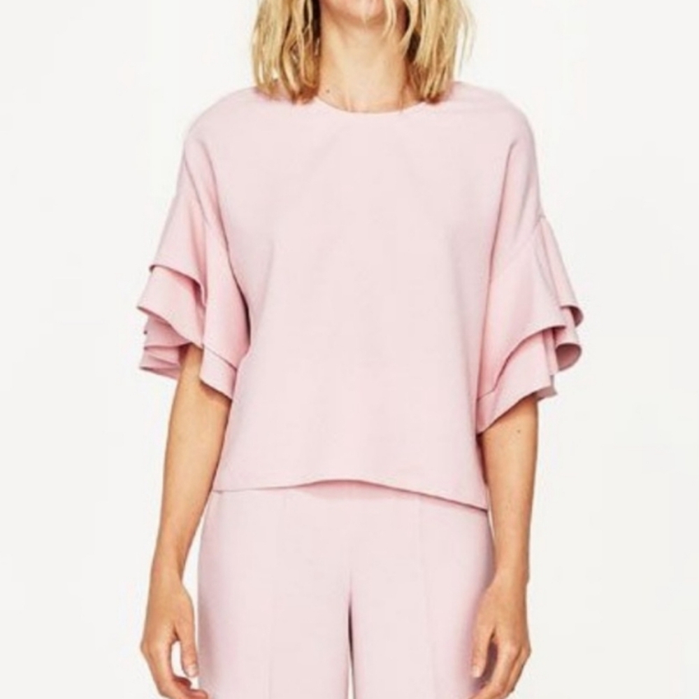 ZARA Women's Pink Ruffle Sleeve Top